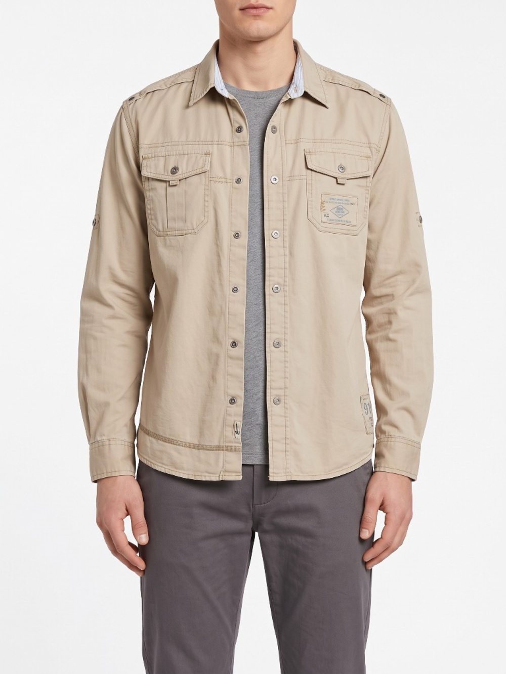 Mavi Mens Size XL Khaki Cotton Safari Utility Button Up Shirt Pocket Patches
